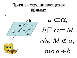Признак скрещивающихся
             прямых
•
            b     a ⊂α,
        M
    а
            α
                b α = M
                где M ∉ а,
                  то а ÷ b
 
