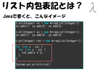 リスト内包表記とは？
Javaで書くと、こんなイメージ
   List<Integer> xs = new ArrayList<Integer>();
   xs.add(1); xs.add(2); xs.add(3);

   List<I...