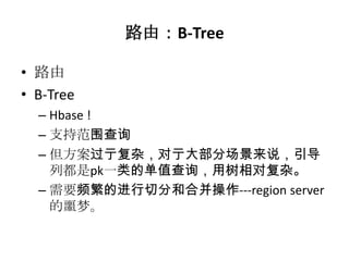 路由：B-Tree

• 路由
• B-Tree
  – Hbase !
  – 支持范围查询
  – 但方案过亍复杂，对亍大部分场景来说，引导
    列都是pk一类的单值查询，用树相对复杂。
  – 需要频繁的进行切分和合并操作---region server
    的噩梦。
 