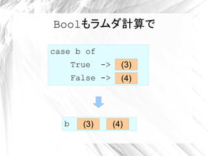 Boolもラムダ計算で

case b of
      True    ->     (3)
      False ->       (4)




  b     (3)        (4)
 