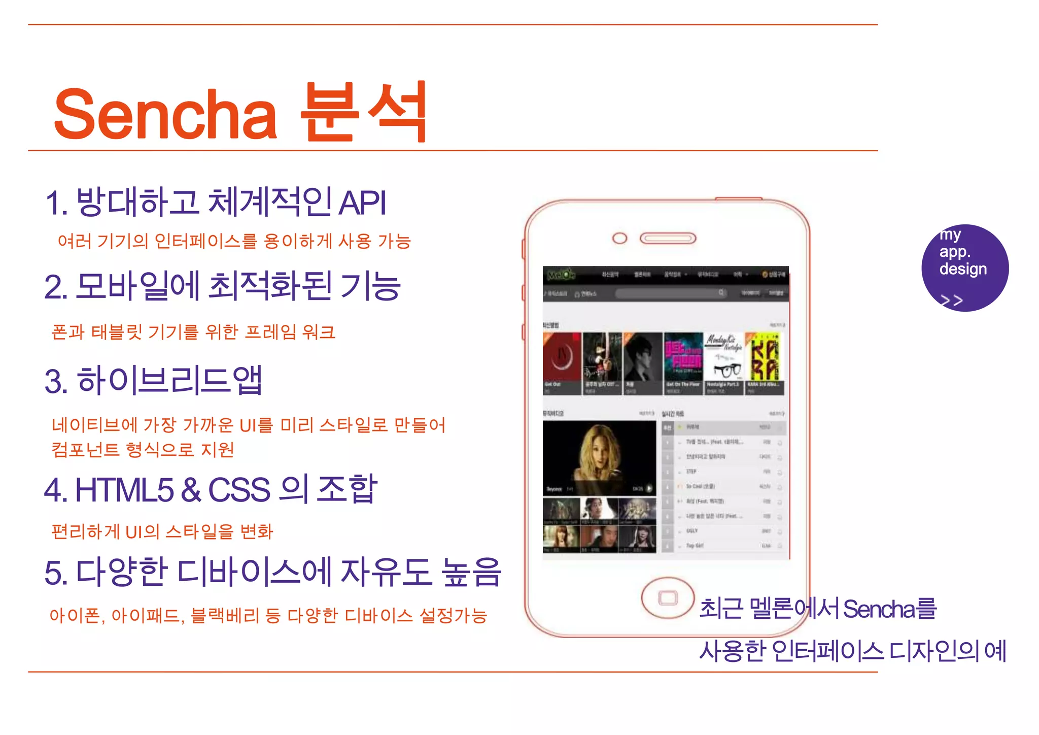 Sencha 분석
1. 방대하고 체계적인 API
                                                  my
여러 기기의 인터페이스를 용이하게 사용 가능
                                                  app.
                                                  design
2. 모바일에 최적화된 기능
폰과 태블릿 기기를 위한 프레임 워크


3. 하이브리드앱
네이티브에 가장 가까운 UI를 미리 스타일로 만들어
컴포넌트 형식으로 지원

4. HTML5 & CSS 의 조합
편리하게 UI의 스타일을 변화

5. 다양한 디바이스에 자유도 높음
아이폰, 아이패드, 블랙베리 등 다양한 디바이스 설정가능   최근멜론에서Sencha를
                                  사용한인터페이스디자인의예
 