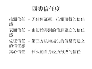 四类信任度
•




    推测信任   - 无任何证据，推测而得的信任
    感
•




    表面信任   - 由初始得到的信息建立的信任
    感
•




    佐证信任   - 第三方机构提供的信息而建立
    的信任感
•




    真心信任   - 长久的自身经历形成的信任
 