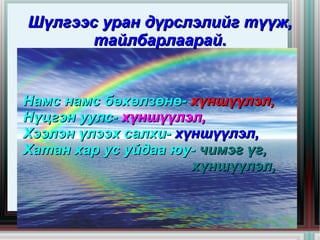 Шүлгээс уран дүрслэлийг түүж,
           тайлбарлаарай.


 Намс намс бөхөлзөнө- хүншүүлэл,
 Нүцгэн уулс- хүншүүлэл,
 Хээлэн үлээх салхи- хүншүүлэл,
 Хатан хар ус уйдаа юу- чимэг үг,
                       хүншүүлэл,

                   
 