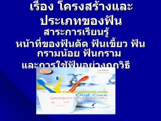 เรื่อง โครงสร้างและ
       ประเภทของฟัน
       สาระการเรียนรู้
หน้าที่ของฟันตัด ฟันเขี้ยว ฟัน
    กรามน้อย ฟันกราม
 และการใช้ฟันอย่างถูกวิธี
 