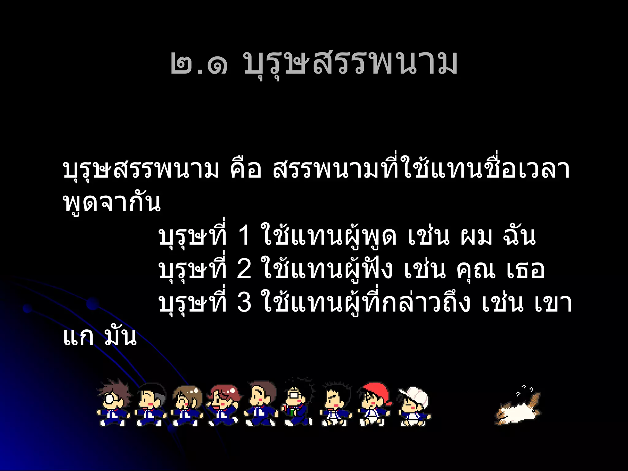 ๒.๑ บุรุษสรรพนำม

บุรุษสรรพนำม คือ สรรพนำมที่ใช้แทนชือเวลำ  ่
พูดจำกัน
        บุรุษที่ 1 ใช้แทนผู้พูด เช่น ผม ฉัน
        บุรุษที่ 2 ใช้แทนผู้ฟัง เช่น คุณ เธอ
        บุรุษที่ 3 ใช้แทนผู้ที่กล่ำวถึง เช่น เขำ
แก มัน
 