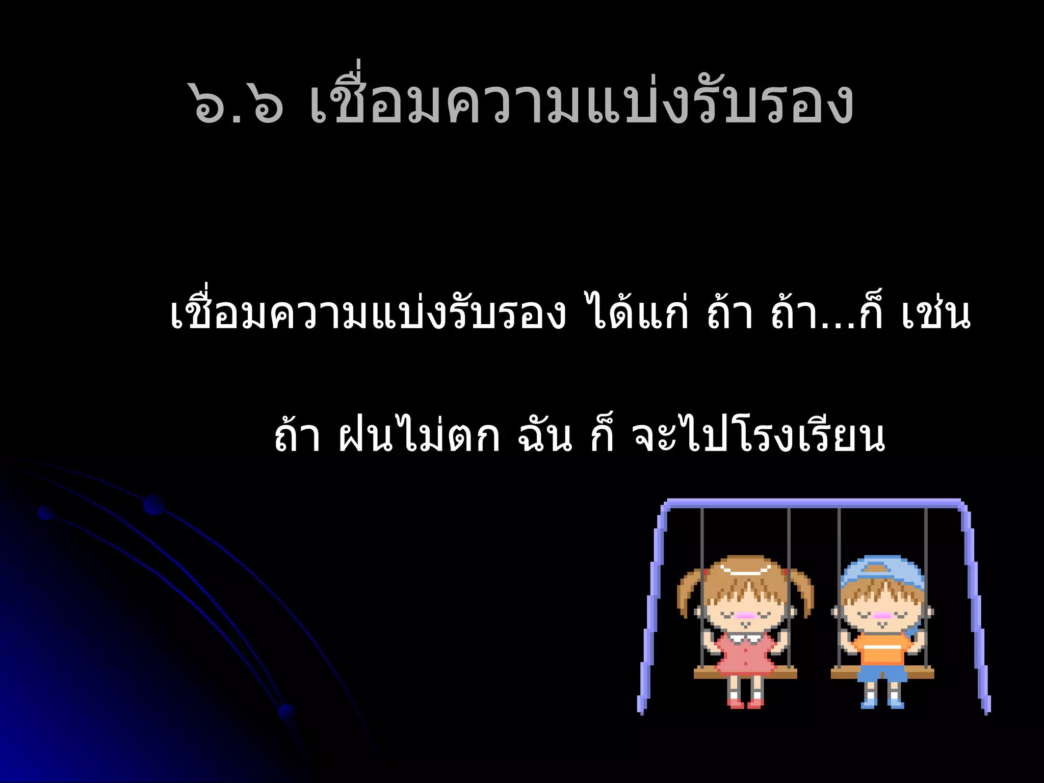 ๖.๖ เชื่อมควำมแบ่งรับรอง


เชือมควำมแบ่งรับรอง ได้แก่ ถ้ำ ถ้ำ...ก็ เช่น
   ่

     ถ้ำ ฝนไม่ตก ฉัน ก็ จะไปโรงเรียน
 