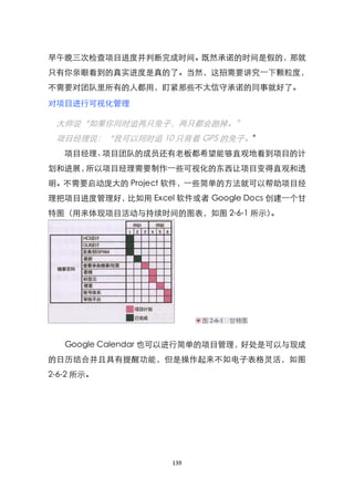 早午晚三次检查项目进度并判断完成时间。既然承诺的时间是假的，那就
只有你亲眼看到的真实进度是真的了。当然，这招需要讲究一下颗粒度，
不需要对团队里所有的人都用，盯紧那些不太信守承诺的同事就好了。

对项目进行可视化管理

 大师说‚如果你同时追两只兔子，两只都会跑掉。‛
 项目经理说：‚我可以同时追 10 只背着 GPS 的兔子。‛
   项目经理、项目团队的成员还有老板都希望能够直观地看到项目的计
划和进展，所以项目经理需要制作一些可视化的东西让项目变得直观和透
明。不需要启动庞大的 Project 软件，一些简单的方法就可以帮助项目经
理把项目进度管理好，比如用 Excel 软件或者 Google Docs 创建一个甘
特图（用来体现项目活动与持续时间的图表，如图 2-6-1 所示）。




   Google Calendar 也可以进行简单的项目管理，好处是可以与现成
的日历结合并且具有提醒功能，但是操作起来不如电子表格灵活，如图
2-6-2 所示。




                    139
 