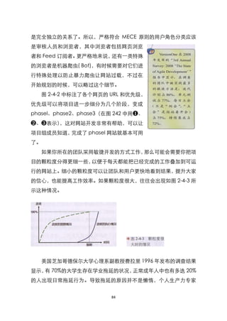 是完全独立的关系了。所以，严格符合 MECE 原则的用户角色分类应该
是审核人员和浏览者，其中浏览者包括网页浏览
者和 Feed 订阅者。更严格地来说，还有一类特殊
的浏览者是机器爬虫( Bot)，有时候需要对它们进
行特殊处理以防止暴力爬虫让网站过载，不过在
开始规划的时候，可以略过这个细节。
  图 2-4-2 中标注了各个网页的 URL 和优先级，
优先级可以将项目进一步细分为几个阶段，变成
phasel、phase2、phase3（在图 242 中用❶、
❷、❸表示），这对网站开发非常有帮助，可以让
项目组成员知道，完成了 phasel 网站就基本可用
了。
  如果你所在的团队采用敏捷开发的方式工作，那么可能会需要你把项
目的颗粒度分得更细一些，以便于每天都能把已经完成的工作叠加到可运
行的网站上。细小的颗粒度可以让团队和用户更快地看到结果，提升大家
的信心，也能提高工作效率。如果颗粒度很大，往往会出现如图 2-4-3 所
示这种情况。




  美国芝加哥德保尔大学心理系副教授费拉里 1996 年发布的调查结果
显示， 70%的大学生存在学业拖延的状况，
   有                 正常成年人中也有多迭 20%
的人出现日常拖延行为。导致拖延的原因并不是懒惰，个人生产力专家


                      84
 