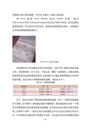 免想象力被工具所限制。Twitter 也是从一张纸上诞生的。
   图 2-4-5 就 是 Jack Dorsey 画 的 Twitter 蓝 图 ， 摘 自
http://www.flickr.com/photos/jackdorsey/182613360/。在讨论网页
蓝图的时候，可以将它们打印出来，按照浏览顺序贴在白板上，这样就可
以开始对网站的第轮测试了。




   有些网页在不同场景中会有不同的表现，比如 C2C 网站中的商品展
示页，浏览的时候、买下之后、下架之后，都有一定的差别，买家浏览的
时候和卖家浏览的时候也有差别，这时候你可以通过表格帮助自己穷尽所
有的场景，然后为每个场景制作网页蓝图，例如表 2-4-1。




   好了，我们已经有了网站结构图和网页蓝图，对于一个网页还能展现
多个场景，还不够吗？网页描述表是干嘛用的？网页描述表只包含一个网
页中所需要展示的元素及其背后的逻辑，并不包含这些元素在页面中的布
局。它有两个作用，一是可以将产品经理的工作与交互设计师的工作区分
开，产品经理关注要向用户传递什么信息，交互设计师关注如何更好地将
                           89
 
