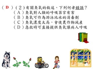 （ D ） ( ２ ) 有關臭氧的敘述，下列何者錯誤？
     ( Ａ ) 臭氧對人類的呼吸器官有害　
     ( Ｂ ) 臭氧可作為游泳池水的消毒劑　
     ( Ｃ ) 臭氧濃度太高，會使農作物減產　
     ( Ｄ ) 急救時可直接提供臭氧讓病人呼吸
 