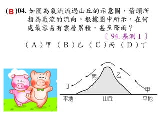 ( B )04. 如圖為氣流流過山丘的示意圖，箭頭所
        指為氣流的流向。根據圖中所示，在何
        處最容易有雲層累積，甚至降雨？
                   〔 94. 基測Ⅰ〕
       (Ａ)甲 (Ｂ)乙 (Ｃ)丙 (Ｄ)丁
 