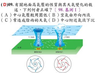 ( D )09. 有關地面高氣壓的性質與其天氣變化的敘
        述，下列何者正確？〔 98. 基測Ⅰ〕
( Ａ ) 中心氣壓較周圍低 ( Ｂ ) 空氣由外向內流　
( Ｃ ) 常造成陰雨的天氣 ( Ｄ ) 中心附近氣流下沉
 