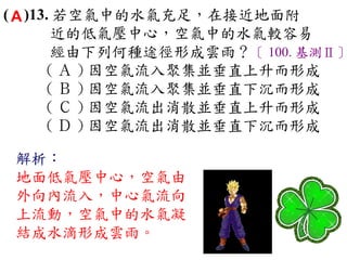 ( A )13. 若空氣中的水氣充足，在接近地面附
        近的低氣壓中心，空氣中的水氣較容易
        經由下列何種途徑形成雲雨？〔 100. 基測Ⅱ〕
       ( Ａ ) 因空氣流入聚集並垂直上升而形成　
       ( Ｂ ) 因空氣流入聚集並垂直下沉而形成　
       ( Ｃ ) 因空氣流出消散並垂直上升而形成　
       ( Ｄ ) 因空氣流出消散並垂直下沉而形成

 解析：
 地面低氣壓中心，空氣由
 外向內流入，中心氣流向
 上流動，空氣中的水氣凝
 結成水滴形成雲雨。
 