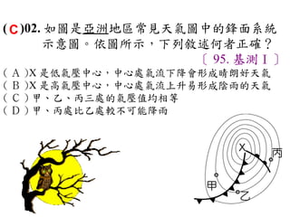 ( C )02. 如圖是亞洲地區常見天氣圖中的鋒面系統
        示意圖。依圖所示，下列敘述何者正確？
                     〔 95. 基測Ⅰ〕
( Ａ )X 是低氣壓中心，中心處氣流下降會形成晴朗好天氣　
( Ｂ )X 是高氣壓中心，中心處氣流上升易形成陰雨的天氣　
( Ｃ ) 甲、乙、丙三處的氣壓值均相等　
( Ｄ ) 甲、丙處比乙處較不可能降雨
 