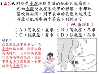 ( A )09. 附圖是臺灣地區某日的地面天氣簡圖。
         已知臺灣受氣壓系統甲的影響，東部地
         區吹偏南風，則甲表示的氣壓系統及臺
         灣最可能所處的季節為下列何者？
                        〔 99. 基測Ⅱ〕
        ( Ａ ) 高氣壓，夏季 ( Ｂ ) 高氣壓，冬季　
        ( Ｃ ) 低氣壓，夏季 ( Ｄ ) 低氣壓，冬季
解析：
以氣壓系統甲為中心，在
臺灣吹偏南風，氣流方向
為順時針，北半球高氣壓
外圍為順時針環流，故知
甲是太平洋高氣壓，影響
時間為臺灣夏季。
 
