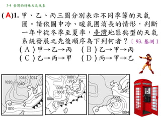 3-4 臺灣的特殊天氣現象


( A )1. 甲、乙、丙三圖分別表示不同季節的天氣
        圖。請依圖中冷、暖氣團消長的情形，判斷
        一年中從冬季至夏季，臺灣地區典型的天氣
        系統發展之先後順序為下列何者？〔 93. 基測Ⅰ〕
       ( Ａ ) 甲→乙→丙　 ( Ｂ ) 乙→甲→丙　
       ( Ｃ ) 乙→丙→甲　 ( Ｄ ) 丙→甲→乙
 