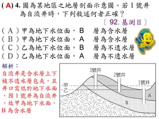 ( A) 4. 圖為某地區之地層剖面示意圖。若 1 號井
      為自流井時，下列敘述何者正確？
                   〔 92. 基測Ⅱ〕
( Ａ ) 甲為地下水位面， B 　層為含水層　
( Ｂ ) 甲為地下水位面， A 　層為含水層　
( Ｃ ) 乙為地下水位面， B 　層為不透水層　
( Ｄ ) 乙為地下水位面， A 　層為不透水層
解析：
自流井是含水層上下
被不透水層包夾，且
井口需低於地下水面
，因 1 號井為自流井
，故甲為地下水面，
B 為含水層
 