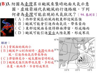 ( B )3. 附圖為臺灣某日颱風來襲時地面天氣示意
        圖，虛線箭頭代表颱風的行進路線，下列
        何者為臺灣可能出現的天氣狀況？〔 94. 基測Ⅱ〕
     ( Ａ ) 西部背風區的風雨較東部迎風區強　
     ( Ｂ ) 颱風可能會引進西南氣流，帶來豪雨   　
     ( Ｃ ) 東部迎風面易使得鋒面滯留，形成梅雨　
     ( Ｄ ) 颱風可能引進蒙古大陸氣團，形成寒流

解析：
( Ａ ) 背風面的風雨小
( Ｂ ) 颱風中心到西側時，臺灣吹西南
     風，引進西南氣流帶來降雨
( Ｃ ) 滯留鋒是冷、暖氣團相當時形成
( Ｄ ) 颱風是強烈熱帶低氣壓，多形成
    在夏、秋兩季，不會形成寒流
 