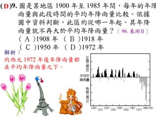 ( D )9. 圖是某地區 1900 年至 1985 年間，每年的年降
       雨量與此段時間的平均年降雨量比較。依據
       圖中資料判斷，此區約從哪一年起，其年降
       雨量就不再大於平均年降雨量？〔 96. 基測Ⅱ〕
        ( Ａ )1908 年 ( Ｂ )1918 年
        ( Ｃ )1950 年 ( Ｄ )1972 年
解析：
約西元 1972 年後年降雨量都
在平均年降雨量之下。
 