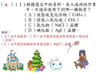 （ A ） ( １ ) 根據選文中的資料，在人造雨的作業
            中，不適合使用下列哪一種物質？
           ( Ａ ) 液態碳氫化合物（ C6H14 ）　
           ( Ｂ ) 固態二氧化碳（ CO2 ）　
           ( Ｃ ) 氯化鈉（ NaCl ）晶體　
解析：
           ( Ｄ ) 碘化銀（ AgI ）晶體。
( Ａ ) 文中未提及； ( Ｂ ) 文中提到的乾冰即為固態二氧化碳
（ CO2 ）
( Ｃ ) 文中提到的鹽粒即為氯化鈉（ NaCl ）晶體。
 