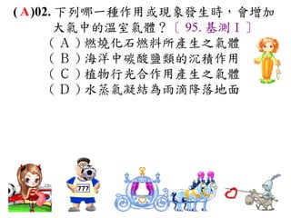 ( A )02. 下列哪一種作用或現象發生時，會增加
        大氣中的溫室氣體？〔 95. 基測Ⅰ〕
       ( Ａ ) 燃燒化石燃料所產生之氣體　
       ( Ｂ ) 海洋中碳酸鹽類的沉積作用　
       ( Ｃ ) 植物行光合作用產生之氣體　
       ( Ｄ ) 水蒸氣凝結為雨滴降落地面
 