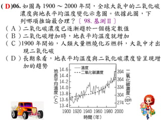 ( D )06. 如圖為 1900 ～ 2000 年間，全球大氣中的二氧化碳
       濃度與地表平均溫度變化示意圖。依據此圖，下
       列哪項推論最合理？〔 98. 基測Ⅱ〕
  ( Ａ ) 二氧化碳濃度已逐漸趨於一個穩定數值　
  ( Ｂ ) 二氧化碳增加時，地表平均溫度就增加　
  ( Ｃ )1900 年開始，人類大量燃燒化石燃料，大氣中才出
         現二氧化碳　
  ( Ｄ ) 長期來看，地表平均溫度與二氧化碳濃度皆呈現增
         加的趨勢
 