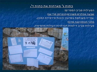 ‫כתות ג' מארחות את כתות ד'.‬
                         ‫הפעילות סביב הספרים:‬
            ‫שבעה אכלנים משונים- הוברמן מרי אן:‬
    ‫צפייה משותפת בסרטון והכנת פירמידת המזון.‬
                            ‫מלכי הכתה- נגה מרון:‬
  ‫פעילות סביב דילמות חברתיות העולות מהסיפור.‬
 