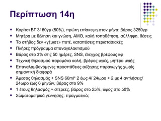 Περίπτωση 14η
   Κορίτσι ΒΓ 3160γρ (50%), πρώτη επίσκεψη στον μήνα: βάρος 3250γρ
   Μητέρα με θέληση και γνώση, ΑΜΘ, καλή τοποθέτηση, σύλληψη, θέσεις
   Το στήθος δεν «γέμισε» ποτέ, καταπόσεις περιστασιακές
   Πλήρες πρόγραμμα επαναγαλακτισμού
   Βάρος στο 3% στις 50 ημέρες, SNS, έλεγχος βρέφους κφ
   Τεχνική θηλασμού παραμένει καλή, βρέφος υγιές, μητέρα υγιής
   Επαναλαμβανόμενες προσπάθειες αύξησης παραγωγής χωρίς
    σημαντική διαφορά
   Άμεσος θηλασμός + SNS 60ml* 2 έως 4/ 24ωρο + 2 με 4 αντλήσεις/
    24ωρο έως 6 μηνών, βάρος στο 9%
   1 έτους θηλασμός + στερεές, βάρος στο 25%, ύψος στο 50%
   Σωματομετρικά γέννησης: πραγματικά;
 