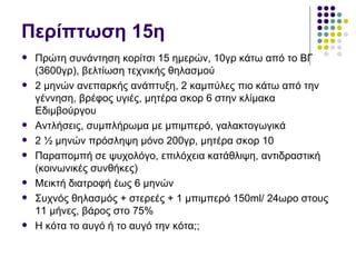 Περίπτωση 15η
   Πρώτη συνάντηση κορίτσι 15 ημερών, 10γρ κάτω από το ΒΓ
    (3600γρ), βελτίωση τεχνικής θηλασμού
   2 μηνών ανεπαρκής ανάπτυξη, 2 καμπύλες πιο κάτω από την
    γέννηση, βρέφος υγιές, μητέρα σκορ 6 στην κλίμακα
    Εδιμβούργου
   Αντλήσεις, συμπλήρωμα με μπιμπερό, γαλακτογωγικά
   2 ½ μηνών πρόσληψη μόνο 200γρ, μητέρα σκορ 10
   Παραπομπή σε ψυχολόγο, επιλόχεια κατάθλιψη, αντιδραστική
    (κοινωνικές συνθήκες)
   Μεικτή διατροφή έως 6 μηνών
   Συχνός θηλασμός + στερεές + 1 μπιμπερό 150ml/ 24ωρο στους
    11 μήνες, βάρος στο 75%
   Η κότα το αυγό ή το αυγό την κότα;;
 