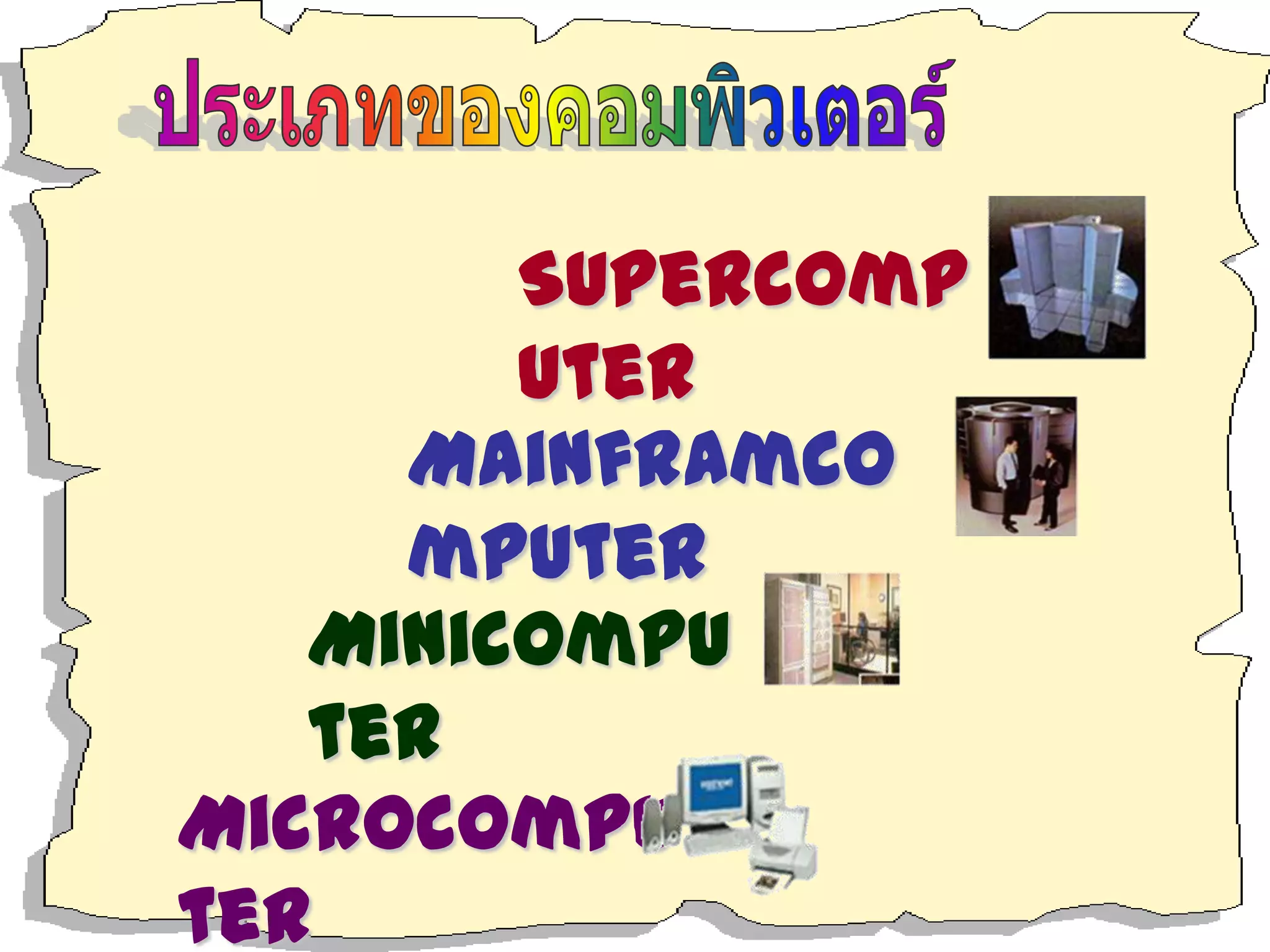 Supercomp
uter
Mainframco
mputer
Minicompu
ter
Microcompu
ter
