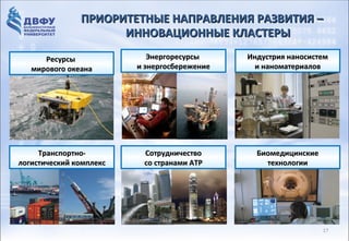 ПРИОРИТЕТНЫЕ НАПРАВЛЕНИЯ РАЗВИТИЯ –
              ИННОВАЦИОННАЯ РОССИЯ – 2020
                    ИННОВАЦИОННЫЕ КЛАСТЕРЫ

     Ресурсы                   Энергоресурсы
                             Энергоресурсы              Индустрия наносистем
       Приоритетом        ивэнергосбережение
                                образовании               и наноматериалов
  мирового океана
 должно стать реструктуризация
 сектора          высшего      образования,
 ориентированная          на        развитие
 сектора исследований и разработок в
 вузах, углубление кооперации вузов с
 передовыми компаниями реального
     Транспортно-            Сотрудничество                Биомедицинские
 сектора экономики со странами АТР
логистический комплекс        и научными                     технологии
 организациями...

Из Стратегии инновационного развития Российской Федерации
на период до 2020 года, разработанной Минэкономразвития России Москва, 2010
                                                                        02
                                                                              17
 