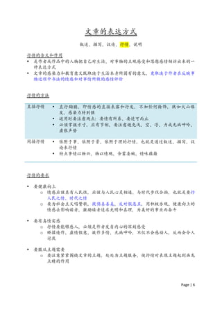 文章的表达方式
                叙述、描写、议论、抒情、说明

抒情的含义和作用
• 是作者或作品中的人物把自己对生活、对事物的主观感受和思想感情倾诉出来的一
  种表达方式
• 文章的感染力和教育意义既取决于生活本身所固有的意义，更取决于作者在反映事
  物过程中书法的情感和对事情所做的感情评价


抒情的方法

直接抒情    •   直抒胸臆，即情感的直接表露和抒发，不加任何掩饰，犹如火山爆
            发，感染力特别强
        •   运用时要注意两点：要情有所系、要适可而止
        •   必须掌握方寸，应有节制，要注意避免浅、空、浮、力戒无病呻吟、
            虚张声势

间接抒情    •   依附于事、依附于景、依附于理的抒情，也就是通过叙述、描写、议
            论来抒情
        •   特点事情以物兴、物以情观、含蓄委婉、情味蕴籍



抒情的要求

•   要健康向上
      o 情感应该具有人民性，应该与人民心灵相通、与时代步伐合拍，也就是要抒
        人民之情、时代之情
      o 要为社会主义唱赞歌，提倡真善美，反对假恶丑，用积极乐观、健康向上的
        情感去影响读者，激励读者追求光明和真理，为美好的事业而奋斗

•   要有真情实感
      o 抒情要能够感人，必须是作者发自内心的深刻感受
      o 矫揉造作、虚情假意、故作多情、无病呻吟，不仅不会感动人，反而会令人
        讨厌

•   要服从主题需要
      o 要注意紧紧围绕文章的主题，处处为主题服务，使抒情对表现主题起到画龙
        点睛的作用




                                      Page	
  |	
  6	
  	
  
 
