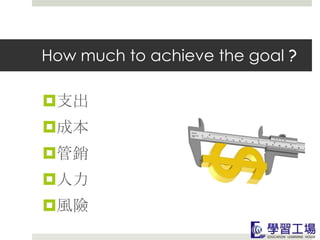 How much to achieve the goal ?

支出
成本
管銷
人力
風險
 