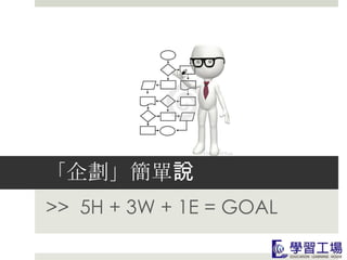 「企劃」簡單說
>> 5H + 3W + 1E = GOAL
 