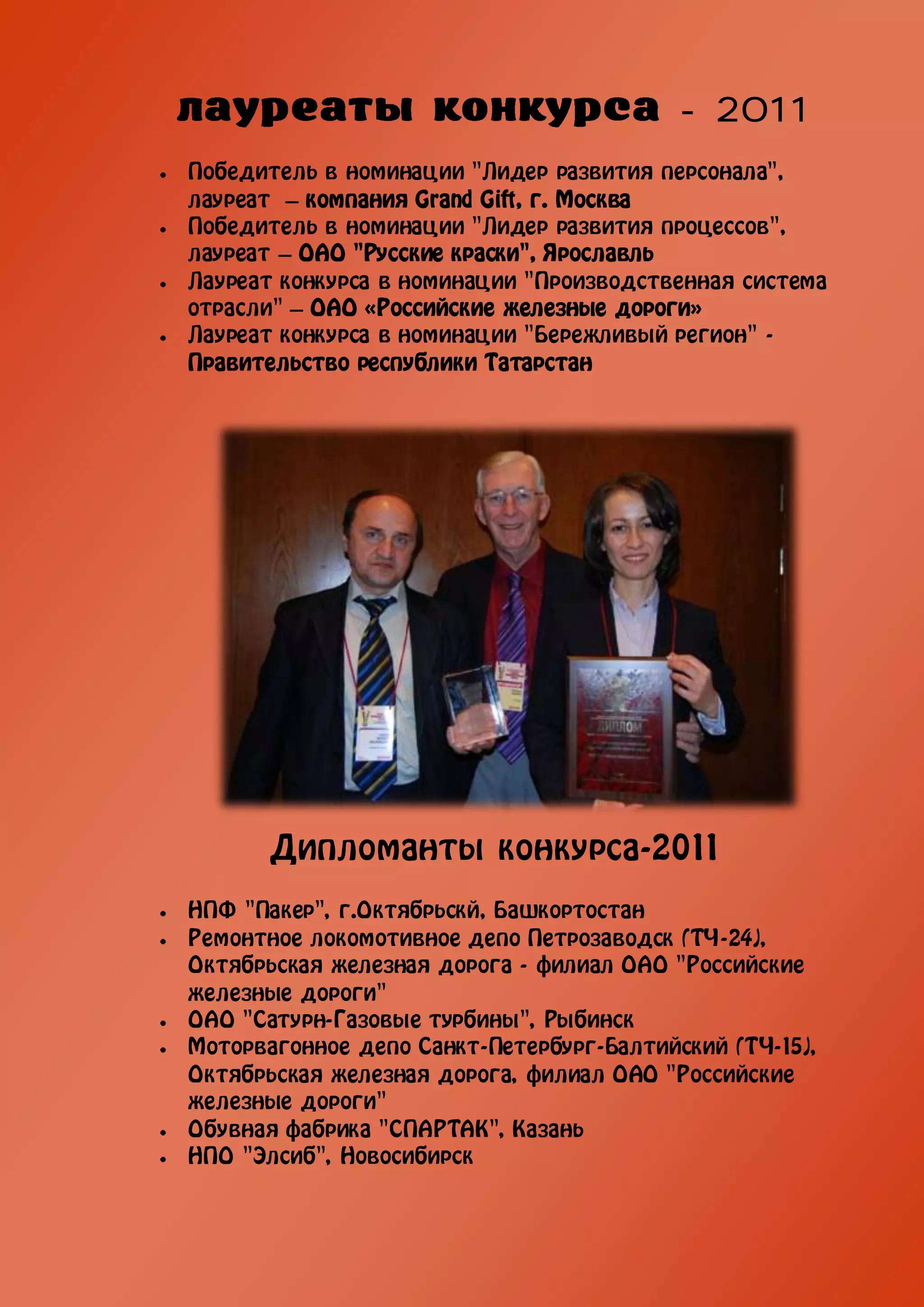 - 2011
Победитель в номинации "Лидер развития персонала",
лауреат – компания Grand Gift, г. Москва
Победитель в номинации "Лидер развития процессов",
лауреат – ОАО "Русские краски", Ярославль
Лауреат конкурса в номинации "Производственная система
отрасли" – ОАО «Российские железные дороги»
Лауреат конкурса в номинации "Бережливый регион" -
Правительство республики Татарстан




       Дипломанты конкурса-2011
НПФ "Пакер", г.Октябрьскй, Башкортостан
Ремонтное локомотивное депо Петрозаводск (ТЧ-24),
Октябрьская железная дорога - филиал ОАО "Российские
железные дороги"
ОАО "Сатурн-Газовые турбины", Рыбинск
Моторвагонное депо Санкт-Петербург-Балтийский (ТЧ-15),
Октябрьская железная дорога, филиал ОАО "Российские
железные дороги"
Обувная фабрика "СПАРТАК", Казань
НПО "Элсиб", Новосибирск
 