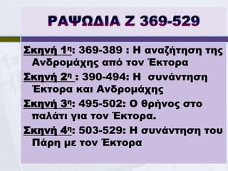 Σκηνή 1η: 369-389 : Η αναζήτηση της
 Ανδρομάχης από τον Έκτορα
Σκηνή 2η : 390-494: Η συνάντηση
 Έκτορα και Ανδρομάχης
Σκηνή 3η: 495-502: Ο θρήνος στο
 παλάτι για τον Έκτορα.
Σκηνή 4η: 503-529: Η συνάντηση του
 Πάρη με τον Έκτορα
 