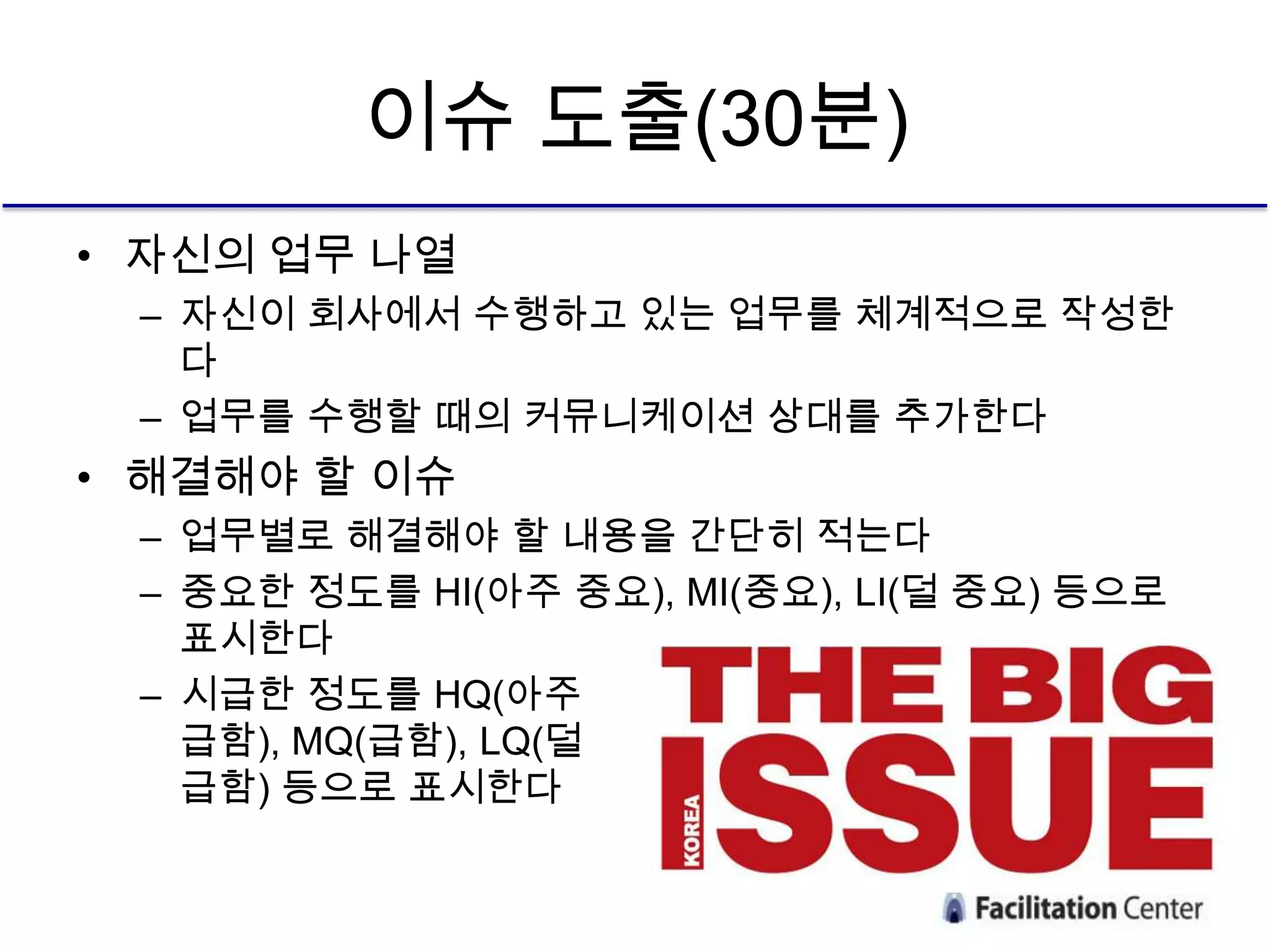 이슈 도출(30분)
• 자신의 업무 나열
 – 자신이 회사에서 수행하고 있는 업무를 체계적으로 작성한
   다
 – 업무를 수행할 때의 커뮤니케이션 상대를 추가한다
• 해결해야 할 이슈
 – 업무별로 해결해야 할 내용을 간단히 적는다
 – 중요한 정도를 HI(아주 중요), MI(중요), LI(덜 중요) 등으로
   표시한다
 – 시급한 정도를 HQ(아주
   급함), MQ(급함), LQ(덜
   급함) 등으로 표시한다
 