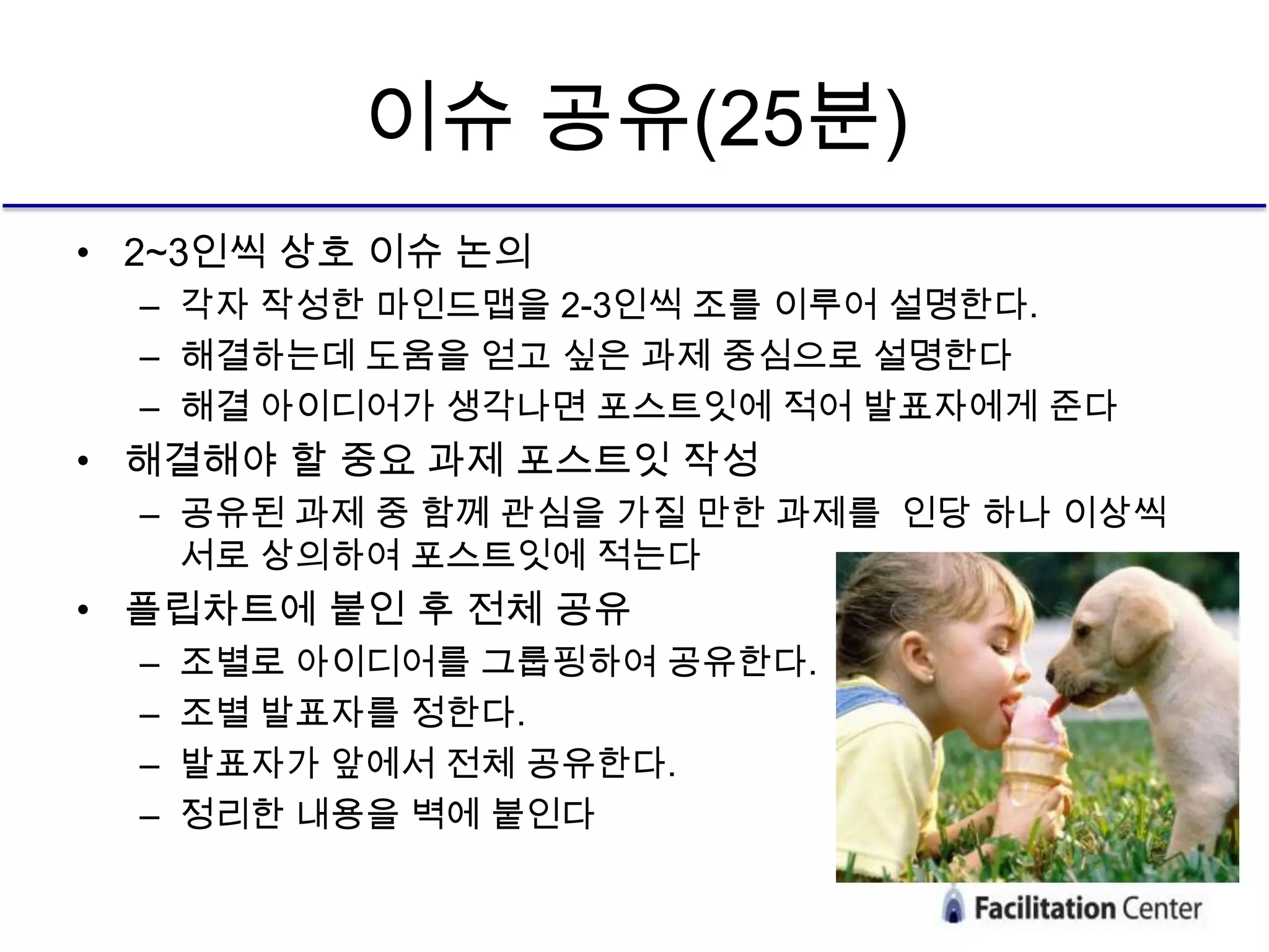 이슈 공유(25분)
• 2~3인씩 상호 이슈 논의
  – 각자 작성한 마인드맵을 2-3인씩 조를 이루어 설명한다.
  – 해결하는데 도움을 얻고 싶은 과제 중심으로 설명한다
  – 해결 아이디어가 생각나면 포스트잇에 적어 발표자에게 준다
• 해결해야 할 중요 과제 포스트잇 작성
  – 공유된 과제 중 함께 관심을 가질 만한 과제를 인당 하나 이상씩
    서로 상의하여 포스트잇에 적는다
• 플립차트에 붙인 후 전체 공유
  –   조별로 아이디어를 그룹핑하여 공유한다.
  –   조별 발표자를 정한다.
  –   발표자가 앞에서 전체 공유한다.
  –   정리한 내용을 벽에 붙인다
 