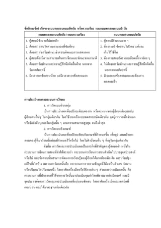 ขอดีและขอจํากัดของแบบทดสอบแบบอัตนัย หรือความเรียง และแบบทดสอบแบบปรนัย
            แบบทดสอบแบบอัตนัย / แบบความเรียง                       แบบทดสอบแบบปรนัย
 1. ผูสอบมีจํานวนไมมากนัก                            1. ผูสอบมีจํานวนมาก ๆ
 2. ตองการสอบวัดความสามารถที่ซับซอน                  2. ตองการนําขอสอบไปวิเคราะหและ
 3. ตองการสงเสริมทักษะเชิงความคิดและการแสดงออก          เก็บไวใชอก
                                                                     ี
 4. ผูสอบตองมีความสามารถในการเขียนและทักษะทางภาษาดี 3. ตองการสอบวัดรายละเอียดเนื้อหายอย ๆ
 5. ตองการวัดทักษะและความรูสึกนึกคิดอืนดวย นอกจาก
                                        ่              4. ไมตองการวัดทักษะและความรูสึกนึกคิดอื่น
    วัดผลสัมฤทธิ์                                          นอกจากผลสัมฤทธิ์
 6. มีเวลาออกขอสอบนอย แตมีเวลาตรวจขอสอบมาก         5. มีเวลาออกขอสอบมากและตองการ
                                                          ผลสอบเร็ว



การประเมินผลตามระบบการวัดผล
                 1. การวัดแบบอิงกลกุม
                 เปนการประเมินผลเพื่อเปรียบเทียบผลงาน หรือคะแนนของผูเรียนแตละคนกับ
ผูเรียนคนอื่นๆ ในกลุมเดียวกัน โดยใชงานหรือแบบทดสอบชนิดเดียวกัน จุดมุงหมายเพื่อจําแนก
หรือจัดลําดับบุคคลในกลุมนั้น ๆ ตามความสามารถสูงสุด จนถึงต่ําสุด
                 2. การวัดแบบอิงเกณฑ
                 เปนการประเมินผลเพื่อเปรียบเทียบกับเกณฑที่กําหนดขึ้น เพื่อดูวางานหรือการ
สอบของผูที่มาเรียนนันผานที่กําหนดไวหรือไม โดยไมคํานึงคนอื่น ๆ ที่อยูในกลุมเดียวกัน
                       ้
                 ดังนั้น การวัดและการประเมินผลเปนภารกิจที่สําคัญของผูสอนอยางหนึ่งใน
กระบวนการเรียนการสอนที่ทําใหทราบวา กระบวนการเรียนการสอนดําเนินไปบรรลุจุดประสงค
หรือไม และขอสอบนั้นสามารถพัฒนาการเรียนรูของผูเรียนไดมากนอยเพียงใด การปรับปรุง
แกไขสิ่งใดบาง เพราะการวัดผลนั้นคือ กระบวนการรวบรวมขอมูลที่ไดมาเปนตัวเลข จํานวน
หรือปริมาณใดปริมาณหนึ่ง โดยอาศัยเครืองมือหรือวิธีการตาง ๆ สวนการประเมินผลนั้น คือ
                                         ่
กระบวนการทีนําเอาผลที่ไดจากการวัดนันมาประเมินคุณคาโดยพิจารณาอยางมีเกณฑ และมี
               ่                       ้
จุดประสงคของการวัดและการประเมินผลที่แนนอนชัดเจน โดยอาศัยเครื่องมือและเทคนิคที่
เหมาะสม และไดมาตรฐานเชนเดียวกัน
 