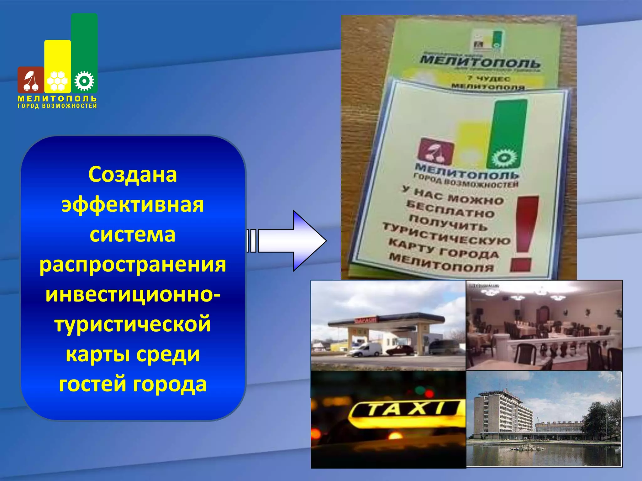 Создана
  эффективная
     система
распространения
инвестиционно-
 туристической
   карты среди
  гостей города
 