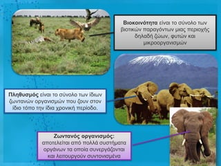 Βηοθοηλόηεηα είλαη ην ζύλνιν ησλ
                                        βηνηηθώλ παξαγόλησλ κηαο πεξηνρήο
                                              δειαδή δώσλ, θπηώλ θαη
                                                 κηθξννξγαληζκώλ




Πιεζσζκός είλαη ην ζύλνιν ησλ ίδησλ
δσληαλώλ νξγαληζκώλ πνπ δνπλ ζηνλ
 ίδην ηόπν ηελ ίδηα ρξνληθή πεξίνδν.




                Ζωληαλός οργαληζκός:
            απνηειείηαη από πνιιά ζπζηήκαηα
            νξγάλσλ ηα νπνία ζπλεξγάδνληαη
              θαη ιεηηνπξγνύλ ζπληνληζκέλα
 