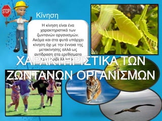 Κίλεζε
      Ζ θίλεζε είλαη έλα
     ραξαθηεξηζηηθό ησλ
   δσληαλώλ νξγαληζκώλ.
Αθόκα θαη ζηα θπηά ππάξρεη
θίλεζε όρη κε ηελ έλλνηα ηεο
    κεηαθίλεζεο αιιά σο
 αληίδξαζε ζηα εξεζίζκαηα
     ηνπ πεξηβάιινληνο.
 