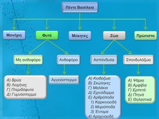 Πέληε Βαζίιεηα




Μολήρε            Φσηά        Μύθεηες              Ζώα        Πρώηηζηα




    Με αλζνθόξα          Αλζνθόξα         Αζπόλδπια       Σπνλδπιόδσα




Α) Βρύα              Αγγεηόζπεξκα       Α) Κληδόδωα
                                                          Α) Ψάρηα
Β) Λεητήλες                             Β) Σθώιεθες
                                                          Β) Ακθίβηα
Γ) Πηερηδόθσηα                          Γ) Μαιάθηα
                                                          Γ) Δρπεηά
Γ) Γσκλόζπερκα                          Γ) Δτηλόδερκα
                                                          Γ) Πηελά
                                        Δ) Αρζρόποδα
                                                          Δ) Θειαζηηθά
                                         1) Καρθηλοεηδή
                                         2) Μσρηόποδα
                                         3) Έληοκα
                                        4) Αρατλοεηδή
 