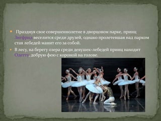  Празднуя свое совершеннолетие в дворцовом парке, принц
  Зигфрид веселится среди друзей, однако пролетевшая над парком
  стая лебедей манит его за собой.
 В лесу, на берегу озера среди девушек-лебедей принц находит
  Одетту, добрую фею с короной на голове.
 