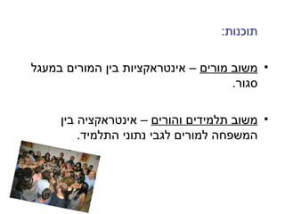 ‫תוכנות:‬

‫• משוב מורים – אינטראקציות בין המורים במעגל‬
                                     ‫סגור.‬

     ‫• משוב תלמידים והורים – אינטראקציה בין‬
         ‫המשפחה למורים לגבי נתוני התלמיד.‬
 