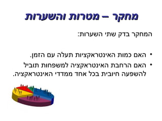 ‫מחקר – מטרות והשערות‬
                   ‫המחקר בדק שתי השערות:‬

      ‫• האם כמות האינטראקציות תעלה עם הזמן.‬
    ‫• האם הרחבת האינטראקציה למשפחות תוביל‬
‫להשפעה חיובית בכל אחד ממדדי האינטראקציה.‬
 