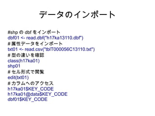データのインポート
#shp の dbf をインポート
dbf01 <- read.dbf("h17ka13110.dbf")
# 属性データをインポート
txt01 <- read.csv("tblT000056C13110.txt")
# 型の違いを確認
class(h17ka01)
shp01
# セル形式で閲覧
edit(txt01)
# カラムへのアクセス
h17ka01$KEY_CODE
h17ka01@data$KEY_CODE
dbf01$KEY_CODE
 