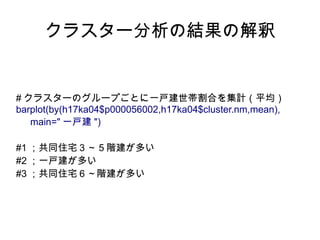 クラスター分析の結果の解釈


# クラスターのグループごとに一戸建世帯割合を集計（平均）
barplot(by(h17ka04$p000056002,h17ka04$cluster.nm,mean),
   main=" 一戸建 ")

#1 ；共同住宅３～５階建が多い
#2 ；一戸建が多い
#3 ；共同住宅６～階建が多い
 