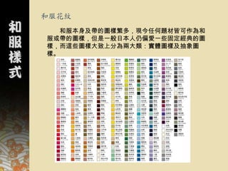和服花紋
  和服本身及帶的圖樣繁多，現今任何題材皆可作為和
服或帶的圖樣，但是一般日本人仍偏愛一些固定經典的圖
樣，而這些圖樣大致上分為兩大類：實體圖樣及抽象圖
樣。
 