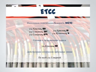 ETCC
Имеющиеся подключения (скорость 1Gb/s)

 ул. Красная, 122
 ул. Северная, 327     ул. Красная, 111
 ул. Северная, 279    ул. Кузнечная, 4

     Готовые к подключению адреса

            ул. Красная, 118

Действующие оптические кабельные линии

         По всей ул. Северной
 